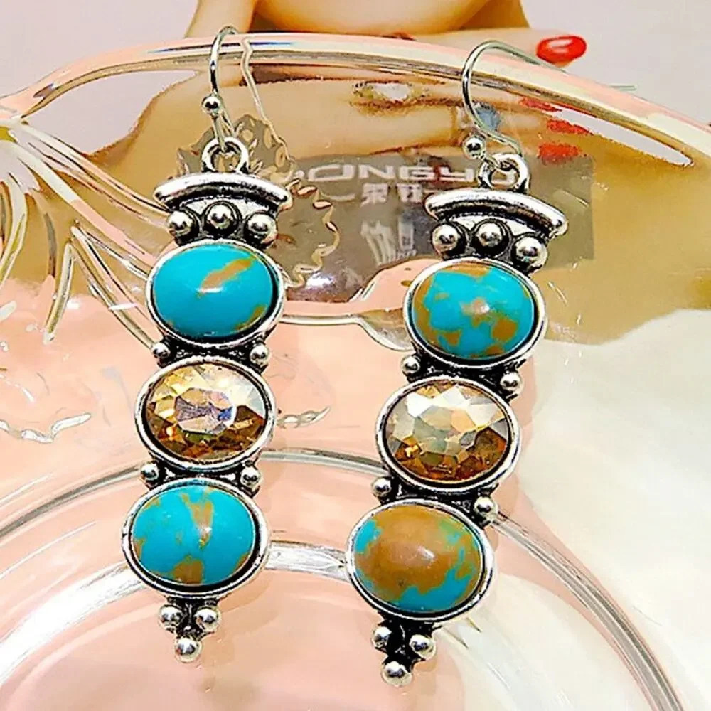 Silver Vintage Handmade Boho Turquoise Dangle Drop Stone Citrine Earrings